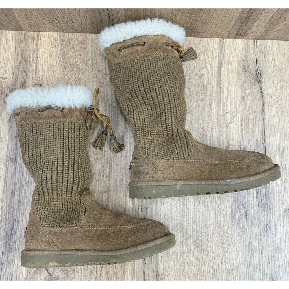 UGG AUSTRALIA Sock Boots Girls 3 Brown Suede Leather & Textile Fur String 5921